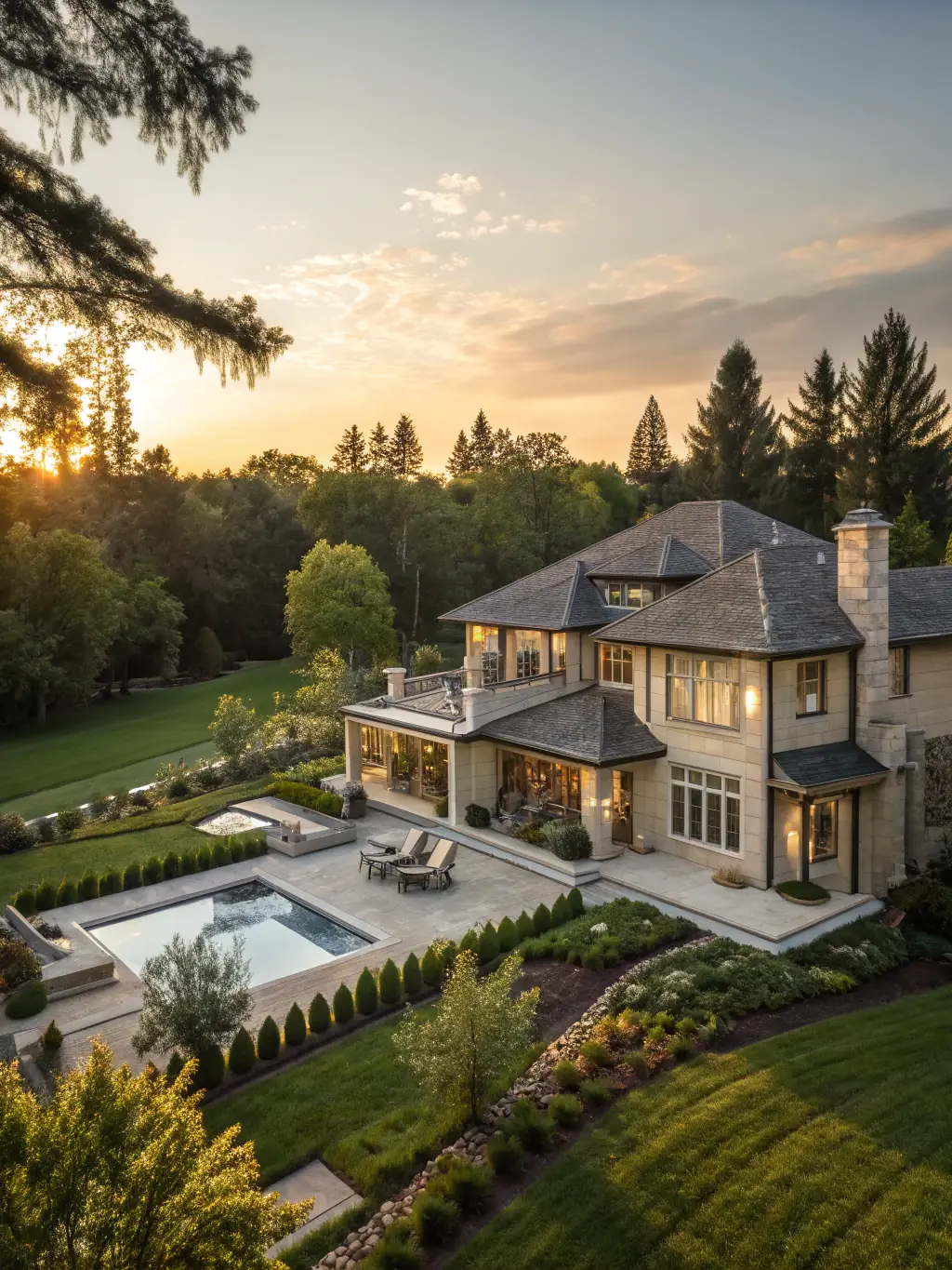 Aerial photograph of a luxury estate taken during sunset, showcasing the property from a bird's-eye view. The image should be crisp and cinematic, highlighting the property's best features.