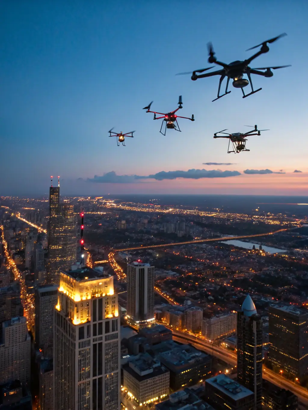 A cinematic drone shot of a city skyline at dusk, with smooth camera movements and vibrant lighting. The video should showcase the city's beauty and energy.