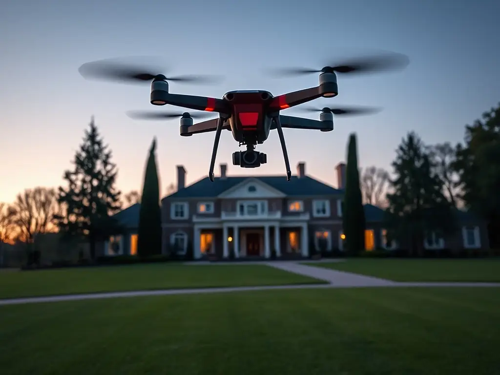 An aerial flythrough video still of a luxury estate, showcasing the property's layout, amenities, and surrounding environment, with smooth camera movements.