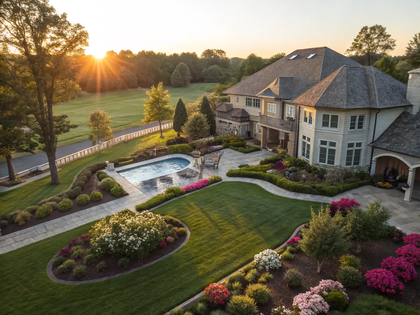 A high-resolution aerial photograph of a modern luxury home, showcasing its architectural design and landscaping, taken during golden hour to highlight its features.