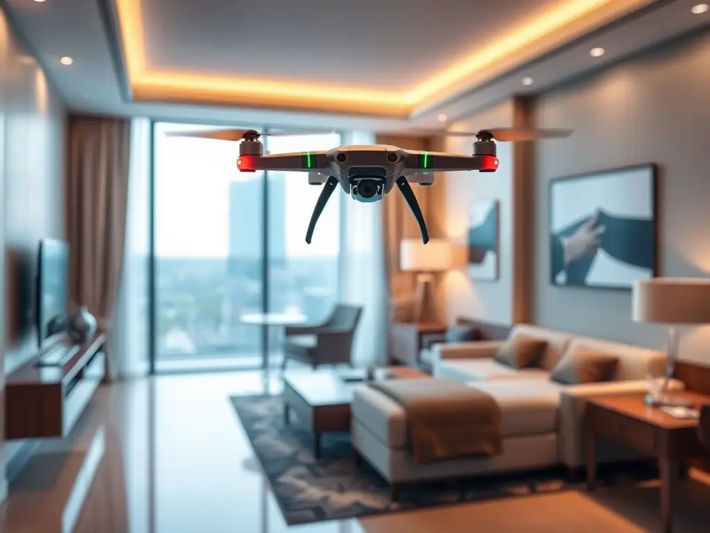 A drone flying through a modern home, capturing a real estate flythrough video.